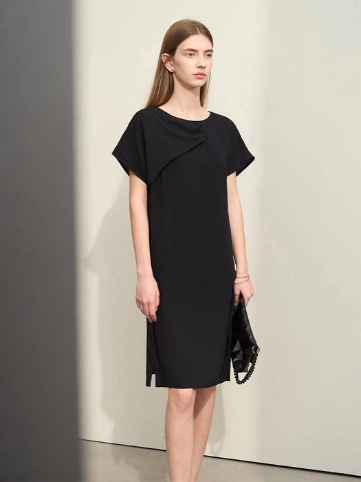 Amii Chic Asymmetrical Summer Chiffon Dress with Pleated Neckline and Breezy Short Sleeves