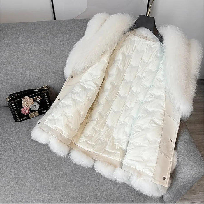 Luxurious V-neck Fox Fur and Sheepskin Winter Coat