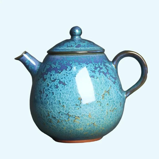 Elegant Floating Blue Jade Dragon Teapot with Tianmu Crystal Handle and Gold Accents - Luxury Yuzhou Junyao Tea Set