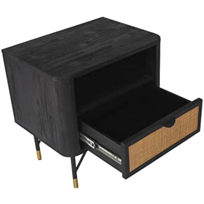 Saratoga Black Acacia Nightstand with Rattan Accents