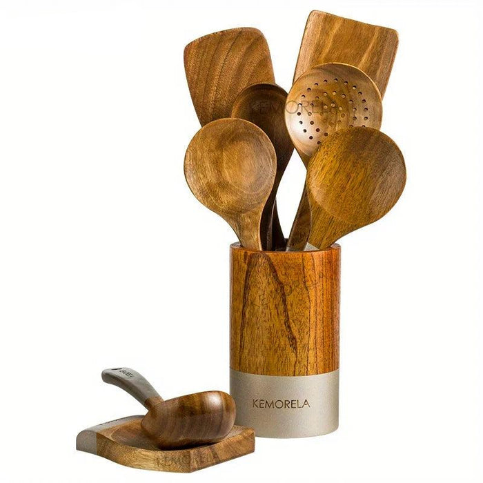 Elegant 9-Piece Acacia Wood Kitchen Utensil Set with Holder and Rest Spatula