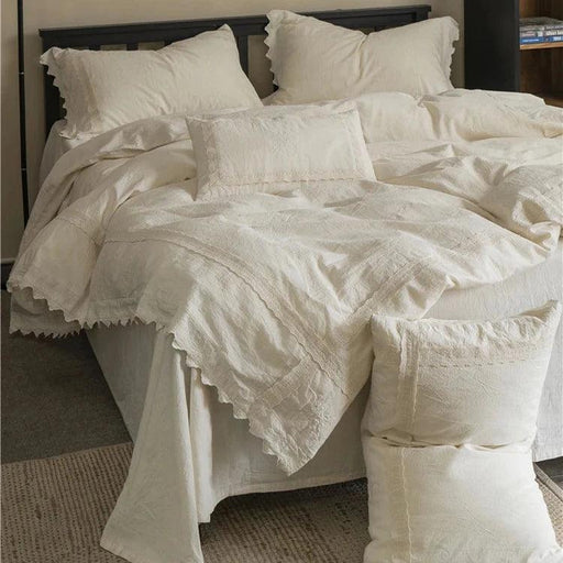 French Vintage Elegant Cotton Linen Lace Duvet Cover and Sheet Set - 4 Piece Collection