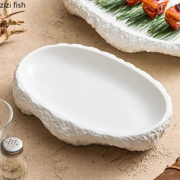 Elegant Pure White Ceramic Dinner Plate with Nature-Inspired Irregular Texture