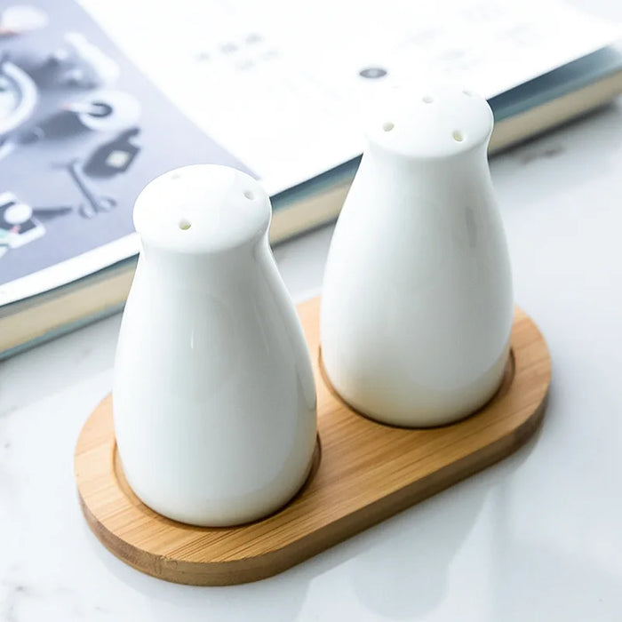 Ceramic Salt and Pepper Shaker Set with Bamboo Tray in Farmhouse Style