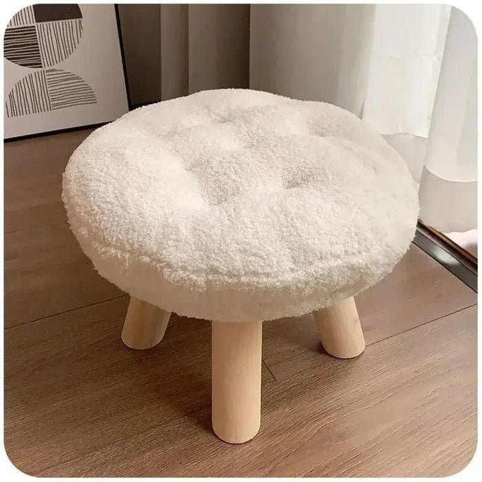 Scandinavian Round Wooden Pouf Stool with Easy-Care Cover