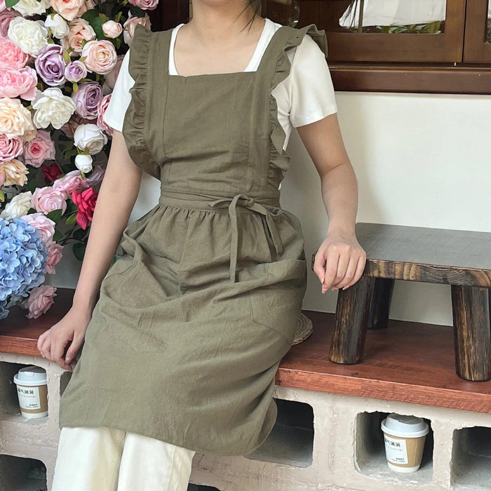 Chic Floral Ruffle Kitchen Apron for Women - Luxurious Japanese Washed Cotton Linen