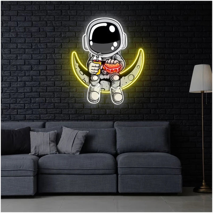 Neon Space Explorer Burger Sign: Dynamic LED Art Piece for Home or Office