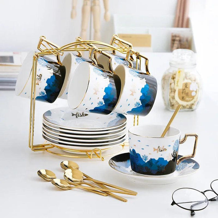 European Elegance Ceramic Coffee and Tea Set with Gold Accents - 4-Piece Collection in Stylish Gift Packaging