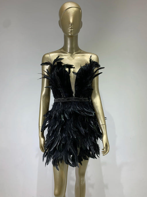 Chic Black Feather Strapless Evening Dress for Women