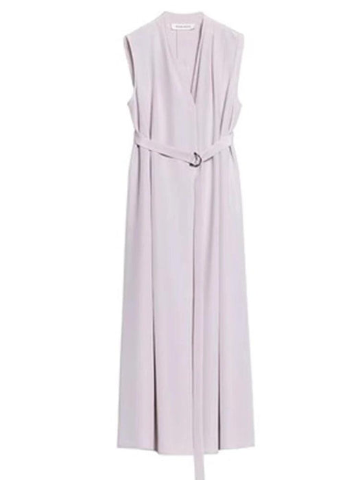 Chic Sleeveless Silk V-Neck Dress with Pleated Waistband Design