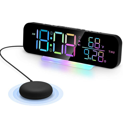 Vibrant Wake-Up Alarm Clock with Bed Shaker for Deep Sleepers and Color-Changing LED Night Light