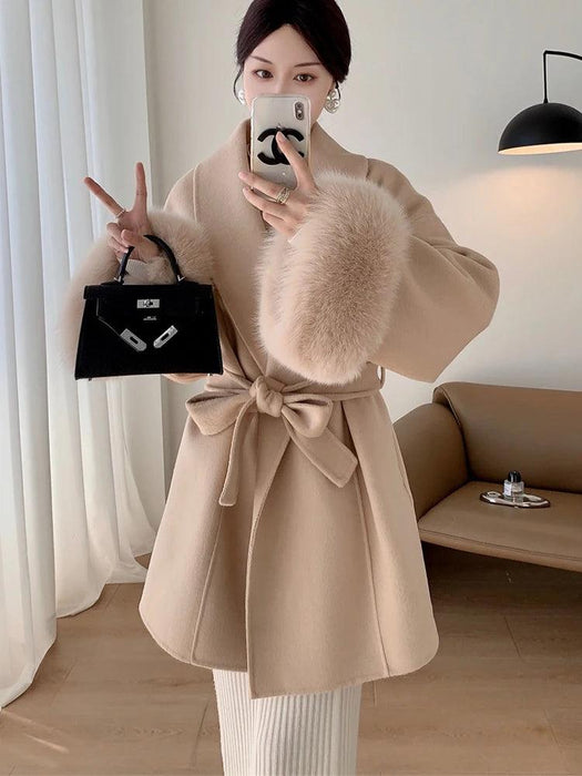 Elegant Korean Wool Coat with Genuine Fox Fur Cuffs and Chic Waist Belt - Transform Your Autumn Wardrobe