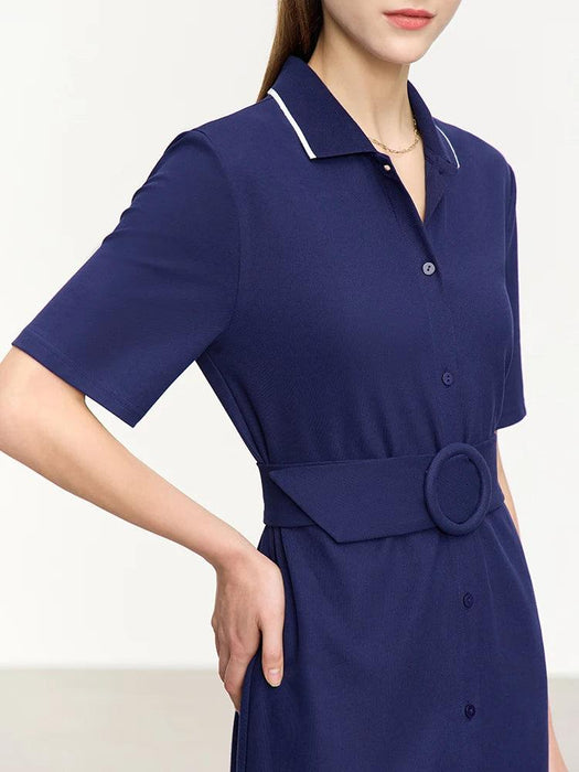 Elegant Minimalist Summer Dress with Belted Waist and Collar for the Contemporary Woman