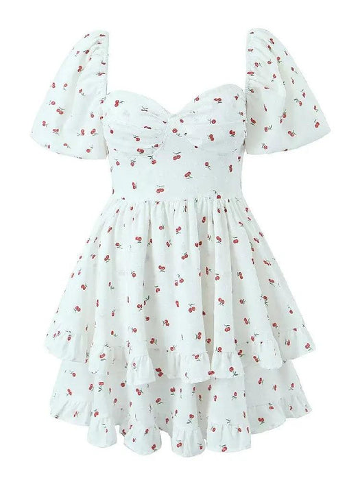 Vintage White Corset Dress with Cherry Blossom Print – Ruffled Hem & Lantern Sleeves