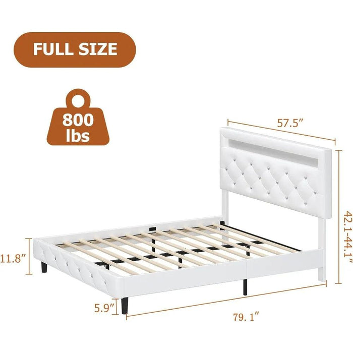 LED-Enhanced White Smart Bed Frame with Adjustable Crystal Tufted Headboard