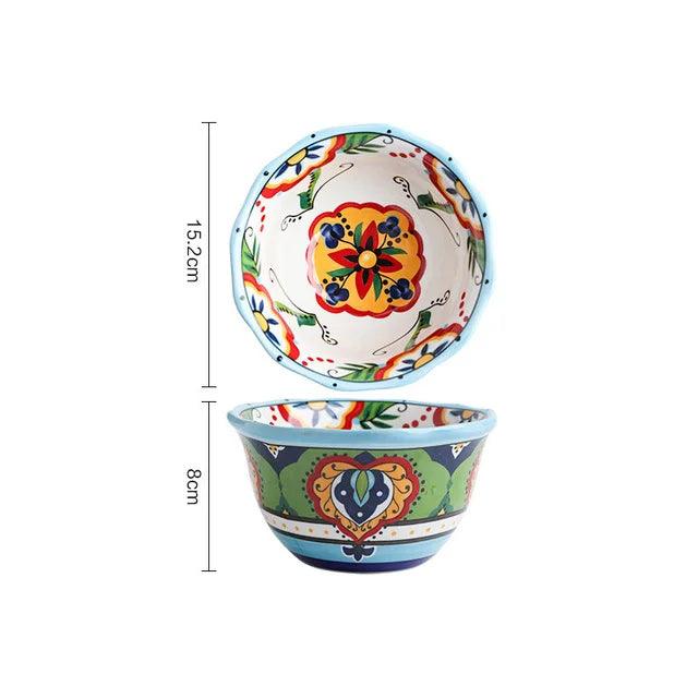 Hand-Painted Bohemian Ceramic Bowl with Chopstick Slots - Ideal for Noodles, Rice, and Salads