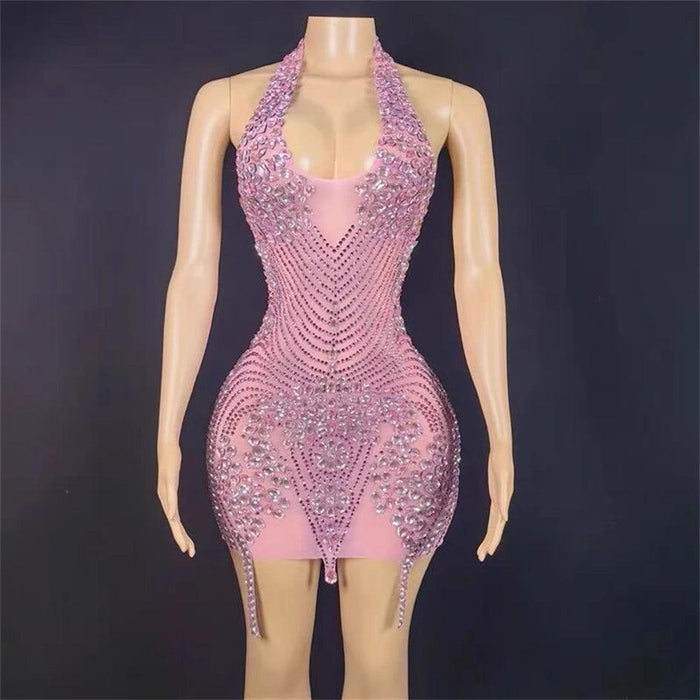 Radiant Pink Sheer Mini Dress with Rhinestone Embellishments - Perfect for Dazzling Occasions