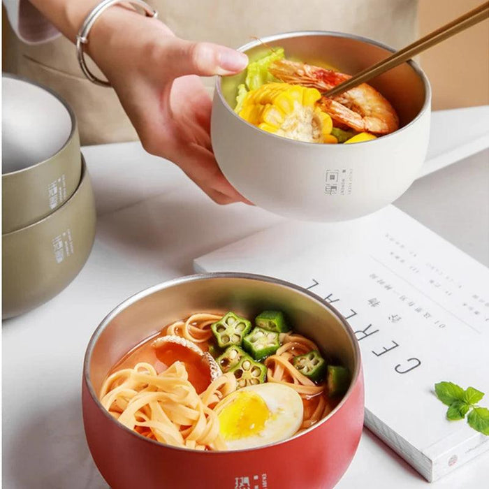 Elegant Double-Walled Stainless Steel Japanese Bowl with Lid for Ramen, Noodles, and Fresh Fruits - Scald-Resistant Tableware