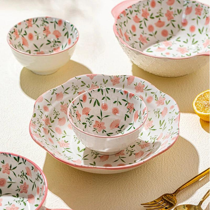 Charming Korean Ceramic Dining Set with Lid - Peach Designed Rice, Soup Bowls, and Elegant Pink Plate with Handle Bowl