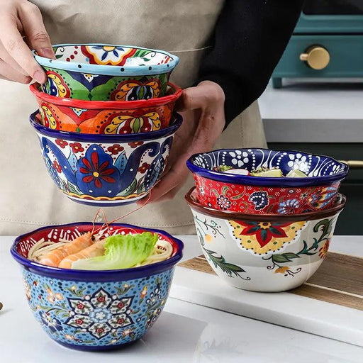 Hand-Painted Bohemian Ceramic Bowl with Chopstick Slots - Ideal for Noodles, Rice, and Salads