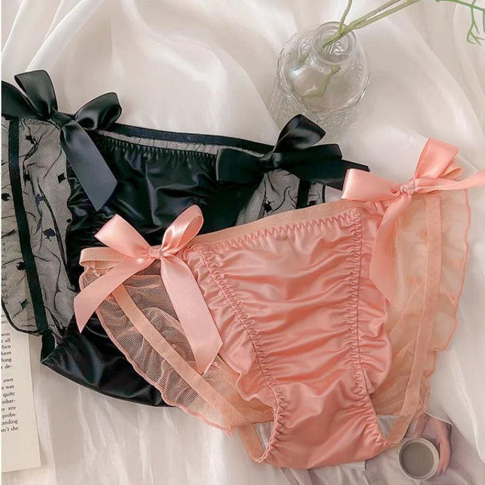 Charming Princess-Inspired Satin Lace Bow Women's Panties - Soft Ruffled Mesh Underwear for All-Day Comfort