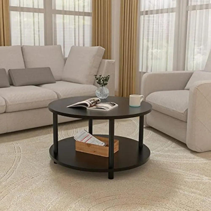 Sleek Round Black Wood Coffee Table with Multi-Level Storage - Durable Metal Legs for Home and Office