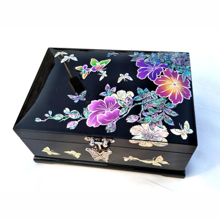 Charming Musical Jewelry Box with Pearl Inlays and Floral Elegance