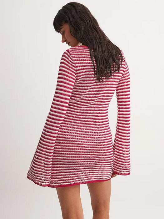 Women's Chic Striped Knit Mini Dress - High Waist Long Sleeve Style for Autumn/Winter