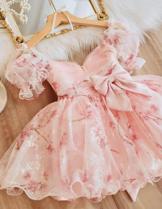 Charming Bow-Print Puff Sleeve Evening Dress for Girls