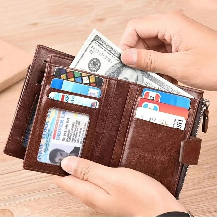 RFID Safe Men's PU Leather Zipper Coin Wallet with Multiple Compartments