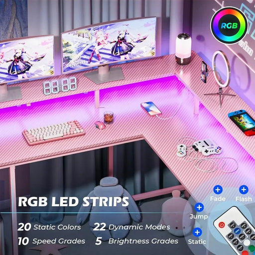 Pink Carbon Fiber L-Shaped Gaming Desk with LED Lights, Power Outlets, and Storage Options