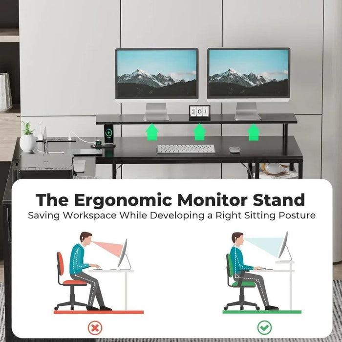 Modern Black L-Shaped Office Desk with Integrated Power Outlets