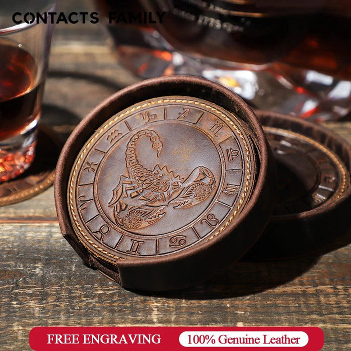 Celestial Zodiac Leather Drink Coasters - Set of 6 with Unique Astrological Designs