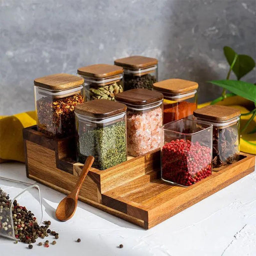 Elegant Acacia Wood and Glass Spice Jars Set - 4 Pcs for Kitchen Organization