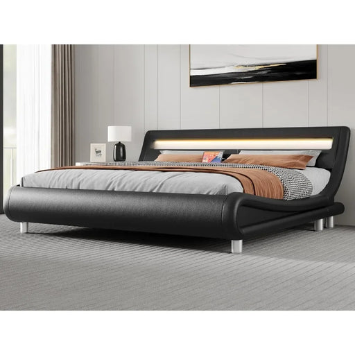 Luxurious Black King Size Bed Frame with Customizable PU Leather Headboard - No Box Spring Needed