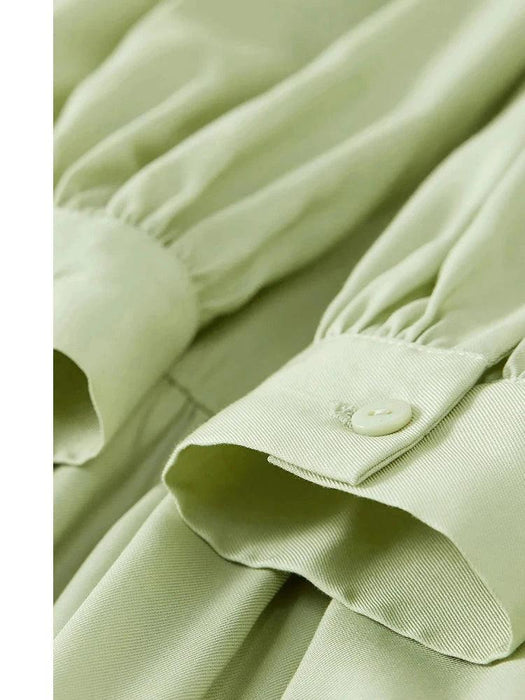 Elegant Light Green Puff Sleeve Midi Dress - Spring Pullover Round Neck for Women 2024