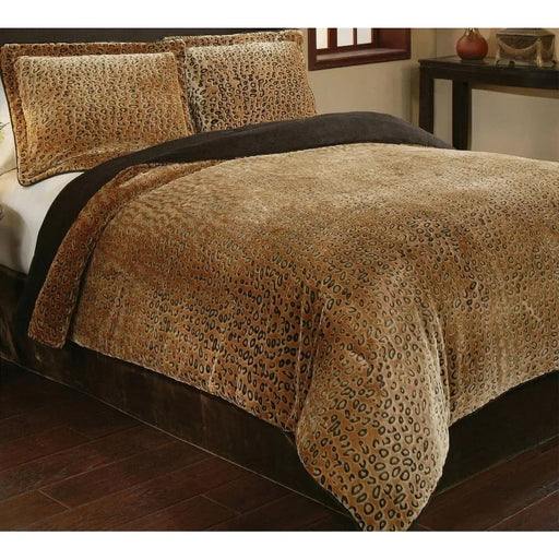 Cheetah Brown Velvet Plush Comforter Set with 2 Shams - King Size