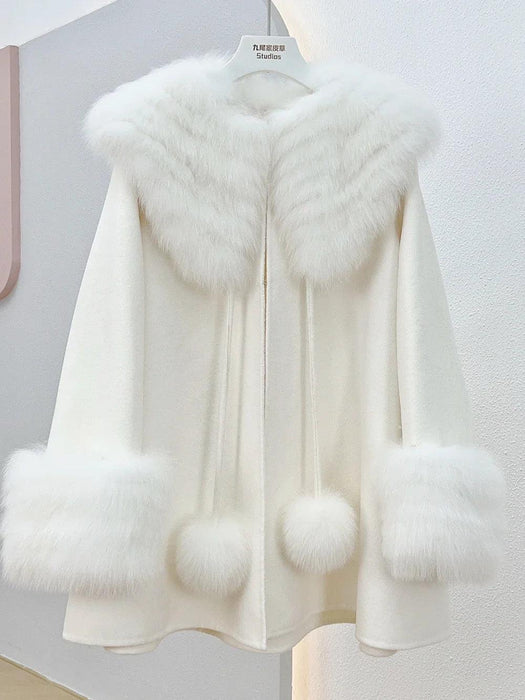 Luxurious Fox Fur-Trimmed Wool Cape - A Chic Blend of Comfort and Style