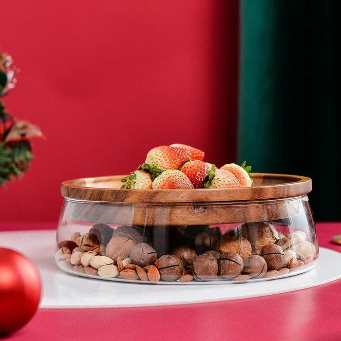 Elegant Acacia Wood Double-Tier Glass Storage Tray for Nuts and Fruits