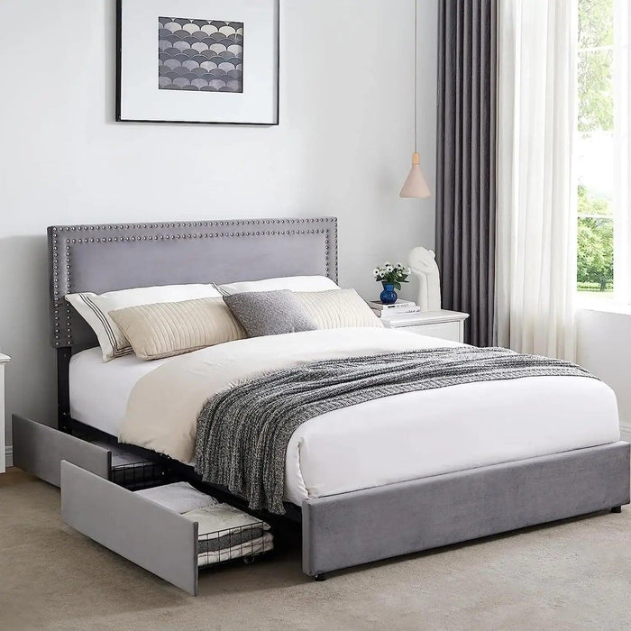 Chic Velvet Storage Bed with Adjustable Headboard and Spacious Drawers