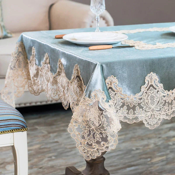 Luxurious White Gold Velvet Table Cover with Lace Detailing - Exquisite Dining Room Style