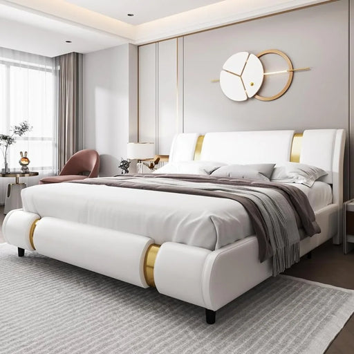 Golden Upholstered Platform Bed Frame with Adjustable Curved Headboard
