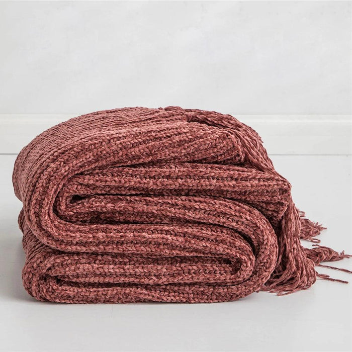 Charming Chenille Knit Throw Blanket with Delightful Pompoms - Cozy Elegance for Your Living Space