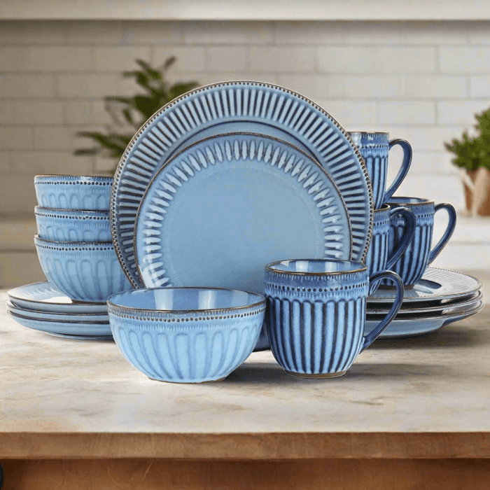 Blue Haze 16-Piece Stoneware Dinnerware Set with Unique Artistry - Reactive Glaze Finish & Varied Coloring