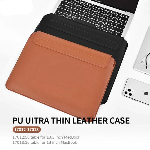 Sleek PU Leather MacBook Sleeve with Magnetic Closure - Brown/Black Case for 13.3/14 Inch Laptops