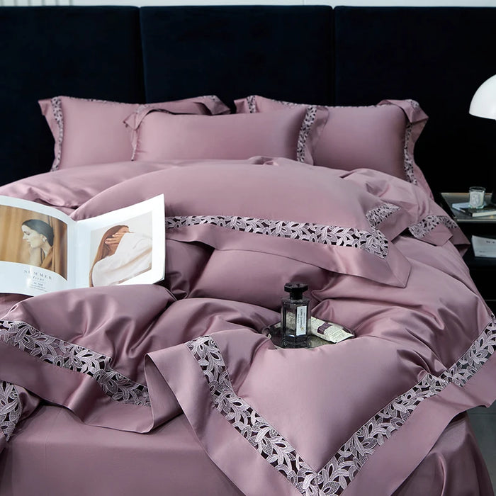 Exquisite 1200TC Egyptian Cotton Luxury Bedding Collection with Elegant Hollow Lace Trim, Duvet Cover, Flat & Fitted Sheets, and Pillowcases