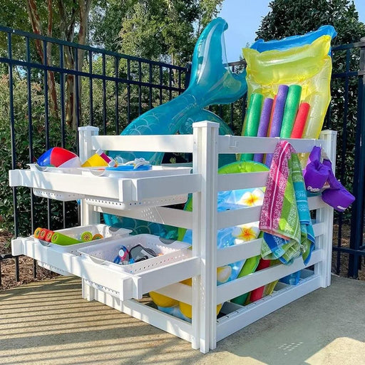 Stylish Waterproof Poolside Storage Chest with Basket Compartments - 36” W X 64“ L X 38” H - Sturdy Deck Box for Optimal Pool Organization