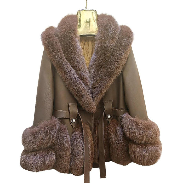 Luxurious V-neck Fox Fur and Sheepskin Winter Coat