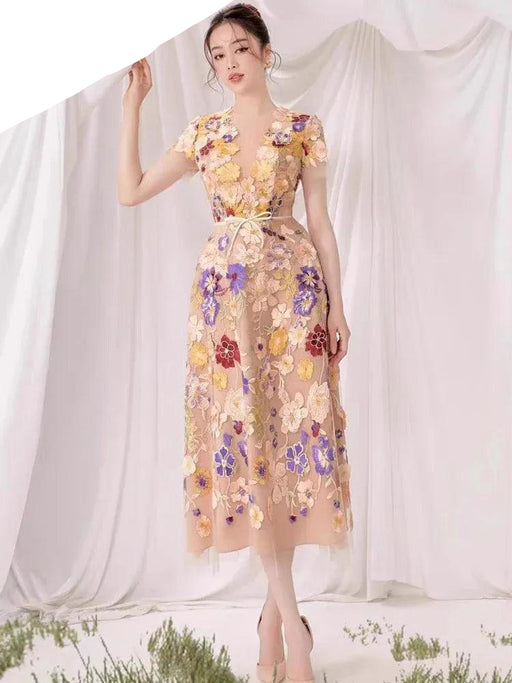 Elegant Summer Evening Dress with Stunning 3D Floral Embroidery and Short Sleeves - 2024 Collection