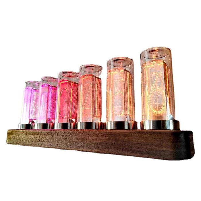 Retro RGB Nixie Tube Clock with Stylish Wooden Base - LED Alarm Timepiece for Unique Desktop Decor and Gifting